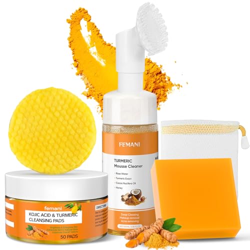 Turmeric Cleansing Pads 50 Pcs+Turmeric Soap Bar+Turmeric Face Wash with Brush Tumeric Pads for Face and Body Lemon Tumeric Soap for Wash Daily Gentle Skin Cleanser Set for All Skins