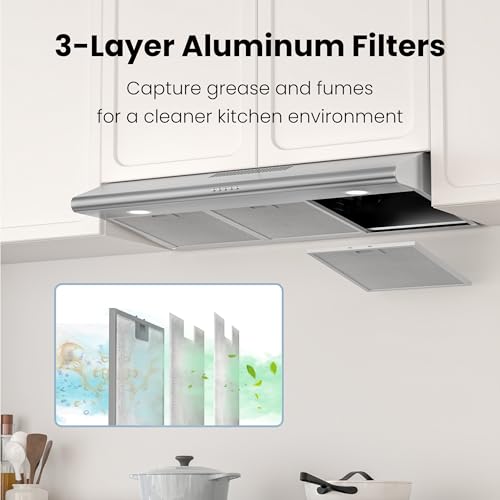 FIREGAS Under Cabinet Range Hood 36 inch with Ducted/Ductless Convertible, Slim Kitchen Stove Vent Hood, LED Light, 3 Speed Exhaust Fan, Reusable Aluminum Filter, Push Button,Charcoal Filter - Thumbnail 5