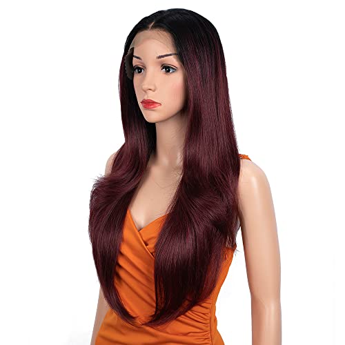 NOBLE STAR 13x4 Lace Front Wig for Women 28 Inches Easy-360 Lace Frontal Natural Long Straight Synthetic Wigs Dark Roots Long Layered Wig 130% Density (Ombre Burgundy)