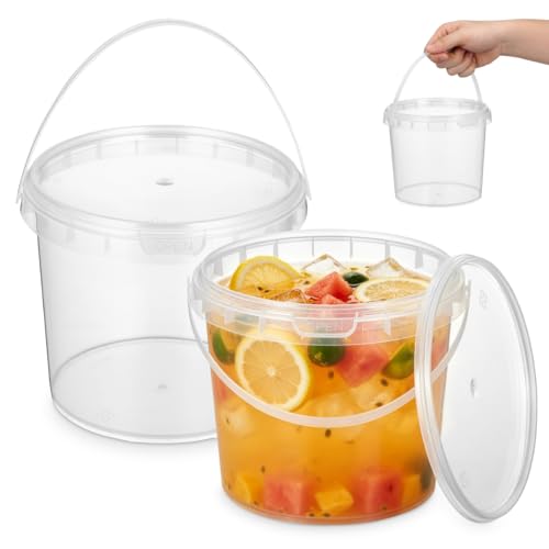 Image of DOITOOL 2Pack Clear Plastic Bucket with Lid and Handle 68 oz / 2L Reusable Ice Cream Tub with Lids, Food Grade Round Plastic Pail Container, Freezer Safe Food Storage Containers for Drinks