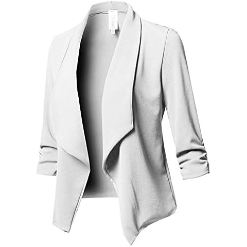 HONGBI Short Suit Women Stretchy 3/4 Ruched Sleeve Lightweight Office Work Suit Jacket Solid Color Slim-Fit Buttonless Blazer,Ladies Elegant Open Front Cardigan Blazer Jacket Tops Outwear White 4XL Cover
