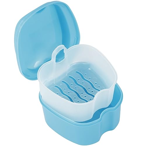 SAEHAEYEE Denture Case Denture Bath Box False Teeth Storage Box with Rinsing Basket Portable False Teeth Storage Case Orthodontic Dental Retainer Box for False Teeth Storage Soaking Cleaning (Wathet)