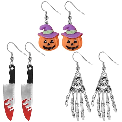 GWAWG Conjunto de brincos de Halloween para meninas, mulheres e meninos, joias bonitas e assustadoras de Halloween com faca sangrenta, abóbora, mão de esqueleto, tachas para crianças, acessórios de