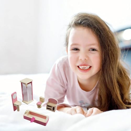 Wooden Doll House Furniture Doll House Building Blocks Mini Dollhouse for Kids Childs Gifts Family Doll House (Bathroom) - Image 5