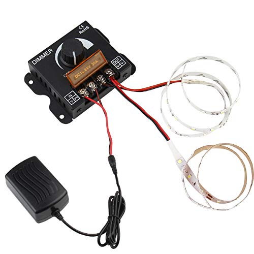 SUPERNIGHT LED Light Strip Dimmer, DC12V-24V 30A PWM Dimming Controller for Dimmer Knob Adjust Brightness ON/Off Switch with Aluminum Housing