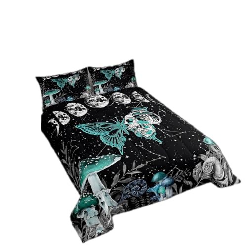 Erosebridal Skeleton Butterfly Decor Bedding Queen for Boys Celestial Sun Moon Comforter Set, Hippie Mushrooms Witchy Moonlit Bedding Comforter Sets Gothic Quilt with 2 Pillowcases for Kids Girls