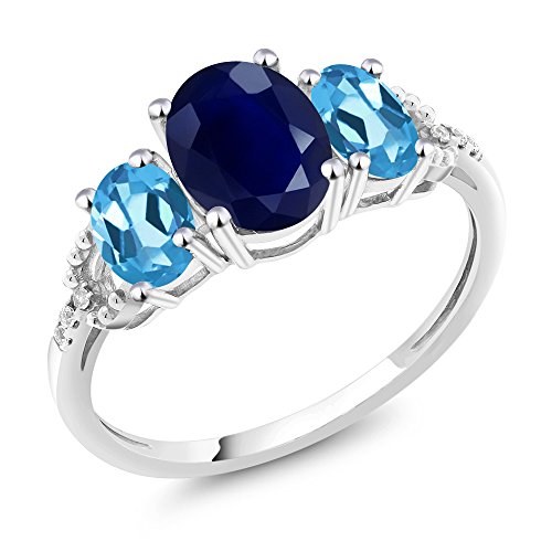 Gem Stone King 10K White Gold Blue Sapphire Swiss Blue Topaz and Diamond Accent 3-Stone Engagement Ring for Women | 2.84 Cttw | Oval 8X6MM and 6X4MM | Available In Size 5, 6, 7, 8, 9