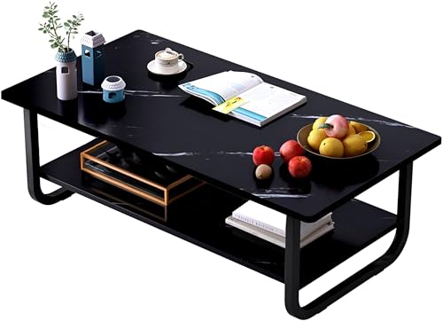 Image of Coffee Table 2 Tier, Storage Open Shelf Metal Base Marble Look Pattern Engineered Wood Center Table for Living Room, Industrial Farmhouse Metal Rectangle Cocktail Table (Black)