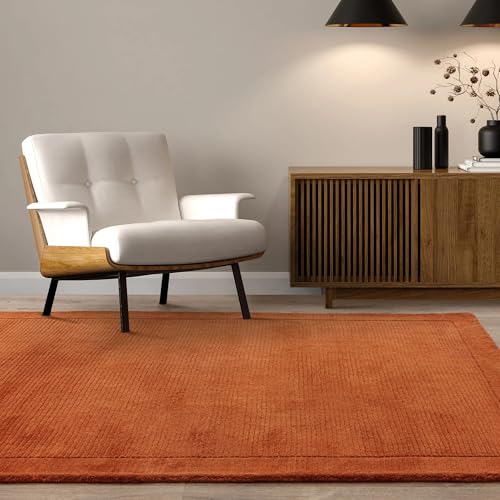 Image of Lord of Rugs Wool Rug for Living Room Dining Bedroom Hand Made Modern Bordered Quality Soft Plain Rug Terracotta Medium 120x170 cm (4'x5'6")