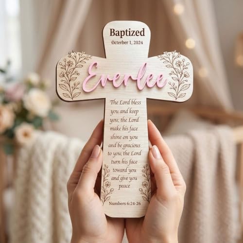 Image of Daty Custom Baby Baptism Gifts for Girls or Boys, Personalized Wooden Cross Wall Decor, Christening Gift, Religious Nursery Decor, Gift from Godparents3