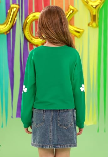 Image of Tween Girl St. Patrick's Irish Lucky Four Leaf Glitter Clover Bow Crop Top Green White Long Sleeve Shirt 14 Years