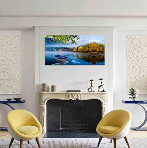 Arjun Lake Canvas Wall Art Blue Mountain Sky Nature Landscape Boat Picture Artwork Modern Spring Painting Framed Large For Living Room Bedroom Bathroom Dinning Room Home Office Wall Decor, 48"X24" #TOP3