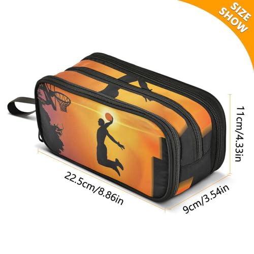 Image of Basketball Sport Pencil Case Big Capacity Handheld 3 Compartments Pencil Pouch Portable Large Storage Canvas Pencil Bag for Boys Girls Adults Students