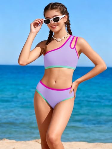 Image of Redair Girls Swimsuit Two Piece One Shoulder Bathing Suit with Chest Pad Color Block Bikini 7-16 Years