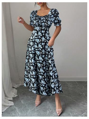 Image of Floerns Women's Floral Short Puff Sleeve Milkmaid Dress Boho A Line Long Dresses