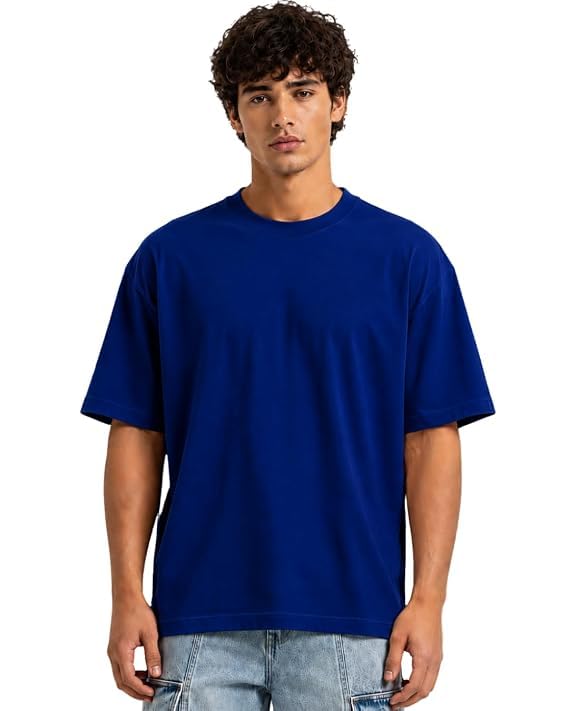 Image of VEL Plain Oversized 100% Pure Heavy Cotton Baggy Fit Drop Shoulder Half Sleeves Round Neck Solid Cotton T-Shirt for Men