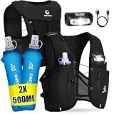 ONETOALL Chaleco Running Hombre Mujer con 2 Soft Flask 500ml y Luz LED Recargable, Mochila Hidratacion para Correr Senderismo Montaña Bici