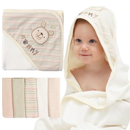 Image of Smluckyg 6 Pack Baby Hooded Towel and Washcloths Set, Premium Ultra Soft Reusable 100% Organic Cotton Baby Bath Towel, Baby Blanket for Newborns, Infants, Toddlers, Stripes Bear, 37.5 x 37.5 Inch