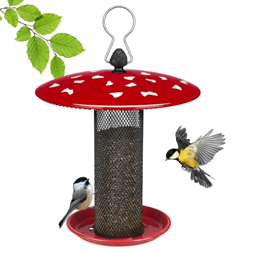 Veehoo Tube Bird Feeders for Outdoors Hanging-Finch Feeder for Nyjer Thistle Seed, Mushroom Metal Mesh Bird Feeder for Outside Hanging, Red