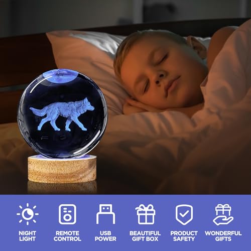 Image of 3D Crystal Ball Night Light with Wooden Base, 3.15 inch Glass Ball Lamp, 16 Colors, Remote Control, Cool Desk Decor, Gifts for Kids, Friends, Birthday, Holiday