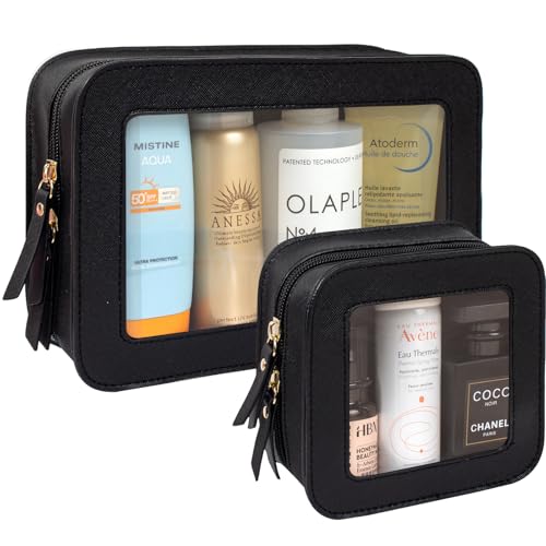 Clear Makeup Bag Set for Women Portable Clear Makeup Bag Cute Waterproof Travel Cosmetic Bag Travel Essentials Car Accessories for Women Men(Black, Standard + Mini)2