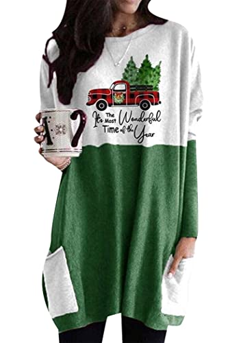 OMZIN Winter Vrouwen Loose Lange Mouwen Kerst Sweater Ronde Hals Sweatshirt Basic Sweatshirt Top Auto Groen M