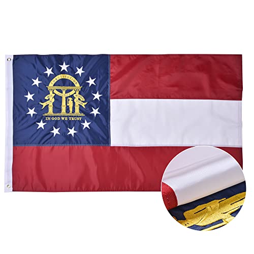 VICDRIA Georgia State Flag 3x5 Ft Deluxe Full Embroidered Heavy Duty Polyester Durable GA Outside Flag with Sewn Stripes and Brass Grommets for Indoor/Outdoor