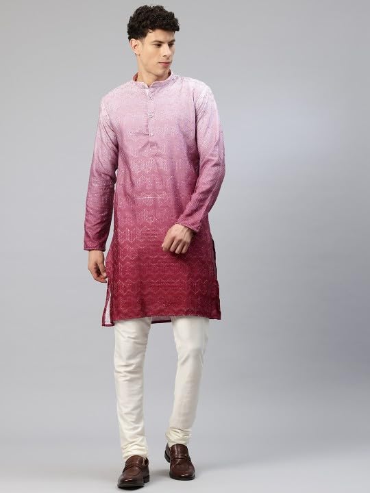 Image of Luxrio Men's Ombre Shaded Sequence Self Embroidered Textured Long Kurta Full Sleeves - Casual Ethnic Wear