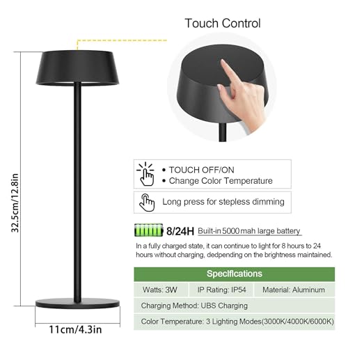 Klighten 2 Piezas LED Recargable Lámpara de mesa con batería, Regulable Antracita Lámpara de escritorio Aluminio con USB-C Carga para Interiores y Exteriore, 3000K/4000K/6000K, IP54 - imagen 3