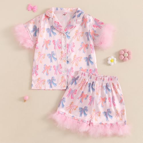 Kuriozud Toddler Girl Halloween Silk Satin Pajama Set Baby Halloween Pumpkin Pjs Girl Feather Trim Sleeve Nightgown Pjs2