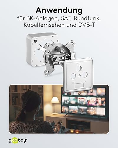 Goobay 68852 SAT Antennensteckdose Set / 3 Loch Antennenkabel Anschluss/Stich End Aufputzsteckdose für Kabelfernsehen/Multimediadose mit DC Durchgang/Weiß, 1 Stück (Packung mit 2)
