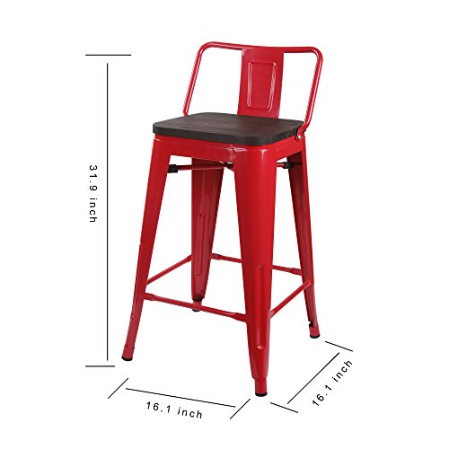 Gia Low Back Metal Barstool With Wooden Seat 24" Counter Height(1 Pack) - Red Color - Light Weight Easy Assemble And Stackable #TOP4