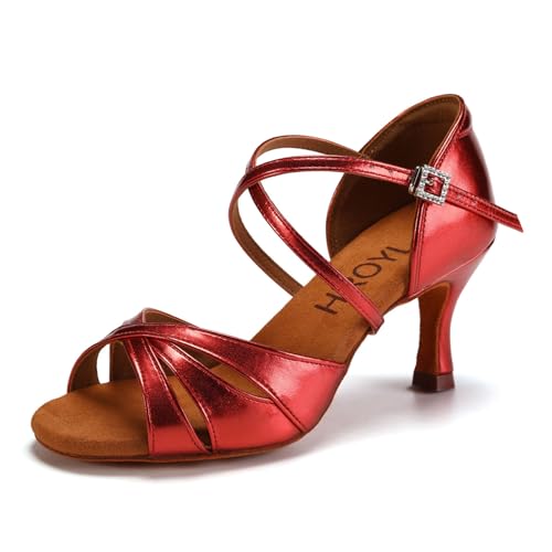 Image of HROYL Women Latin Dance Shoe Satin Salsa Ballroom Practice 3047 | Performece Social Cha Cha Salsa Dancing Shoes Bachata Sandals