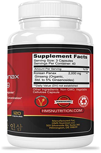 Certified Organic 2000Mg Korean Red Panax Ginseng 120 Vegan Capsules Super Strength Extract Powder Supplement - High Ginsenosides Supports Energy, Stamina, Performance And Mental Health #TOP3