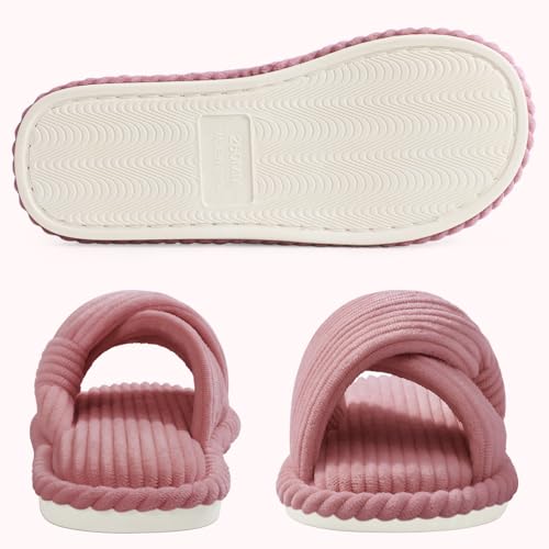 Image of Evshine Summer House Slippers for Women Corduroy Cross Bow Indoor Slippers Open Toe Slip On Bedroom Shoes with Memory Foam
