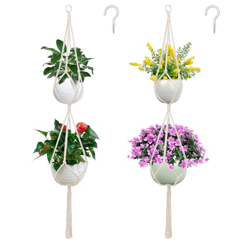 SNAIL GARDEN 2 Tier Macrame Plant Hanger, 2Pack Double Plant Hangers with Tassel Indoor Outdoor Hanging Planter Basket Handmade Cotton Rope Hanging Planters Set with 2Pcs Hooks for Boho Home Decor