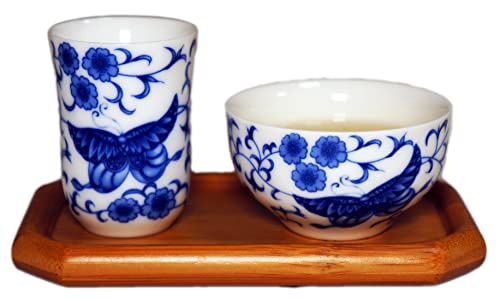 DLIC TEA聞香杯セット台湾茶器 品茗杯と聞香杯、竹茶托セット 茶具 茶道具 台湾ウーロン茶 (青花舞蝶)