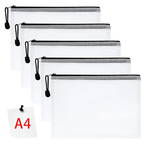Vicloon Dokumententasche mit Reißverschluss A4, 5 pcs Mesh Plastic Zip Bag, Wasserdichte Document Case, Reißverschlusstasche Zip Beutel Tasche Wallet Taschen Kunststoff Mesh Dokumentenmappen
