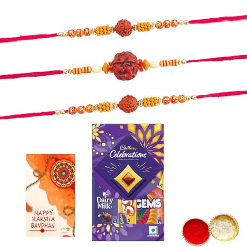 Image of Maalpani Rakhis Chocolates - Set of Three Premium Sandalwood Rakhi and Chocolates Festival Hamper