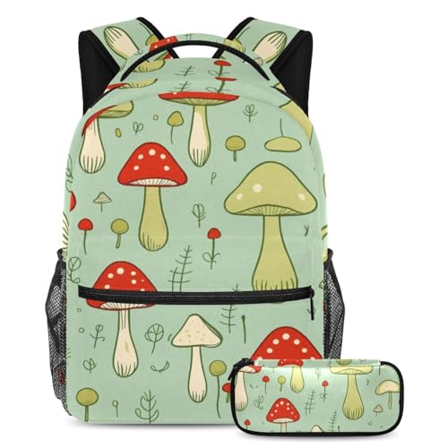 Sac à dos champignon vert avec trousse à crayons pour l'école des ados