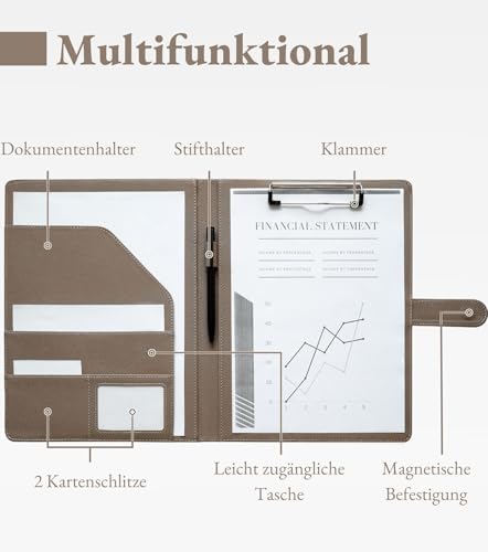 Mymazn Klemmbrett A4 mit Deckel, Mappe A4 Schreibmappe Klemmbrettmappe, PU-Leder Konferenzmappe A4 mit Dokumentenfächern, Stiftehalter und Magnetverschluss (Graubraun)