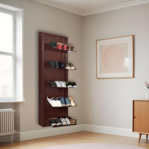 Image of DELITE KOM 20 Inch Wide, 5 Shelf Metal Shoe Rack Wall Mounted for Home with Central Lock | Holds Upto 12 Shoes or 20 Slippers Pair | 1 Year Warranty | (67 x 20 x 5 Inch, Coffee) | DIY | Space Saving