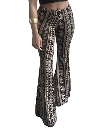 Sentao Femme Rétro Bohème Style Impression Pantalons Taille Haute Evasée Bell Bas Pantalons comme Image M Cover