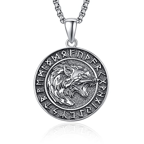 Kingwhyte Viking Necklace 925 Sterling Sliver Wolf Head Amulet Ornaments Vegvisir Pendant Necklace Pendant Jewelry For Men Women With Pearl Chain 60Cm #TOP14