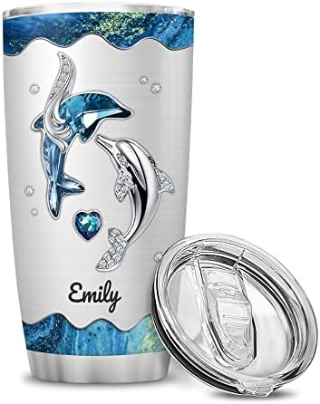 Wassmin Personalized Dolphin Tumbler Cup With Lid 20oz 30oz Custom Name Animal Stainless Steel Double Wall Vacuum Insulated Tumblers Coffee Travel Mug Birthday Christmas Customized Gifts Women Girls