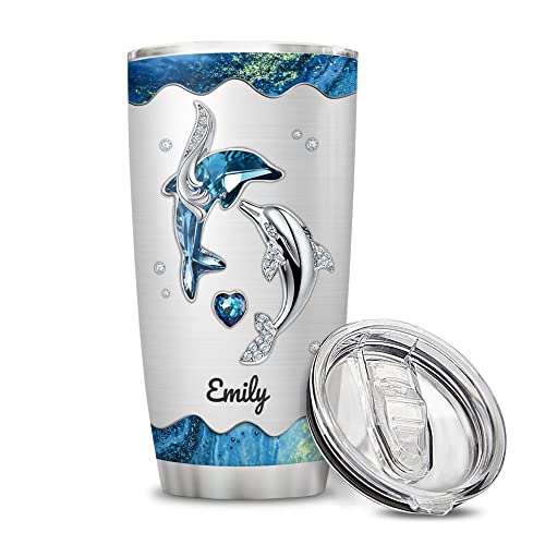 Wassmin Personalized Dolphin Tumbler Cup With Lid 20Oz 30Oz Custom Name Animal Stainless Steel Double Wall Vacuum Insulated Tumblers Coffee Travel Mug Birthday Christmas Customized Gifts Women Girls #TOP1