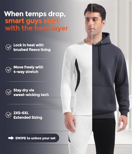 Image of Mens Thermal Underwear Long Johns Set Cold Weather Hunting Base Layer | Fleece lined top & bottom. Moisture wicking, 4-way stretch. Ultimate warm winter gear for skiing, work & outdoor sports