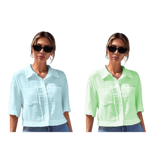 Image of TOPLOT V-Collar Solid Crop Shirt for Women with Half Sleeves, Polyester, Regular Fit