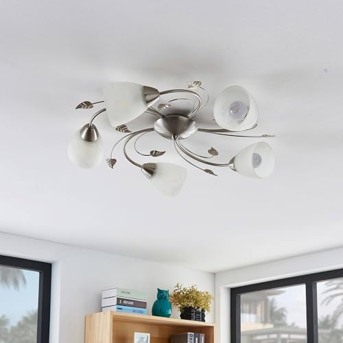 Plafoniera Lindby Yannie, A 5 Luci, 60Cm, Nichel/Bianco, Vetro - 4