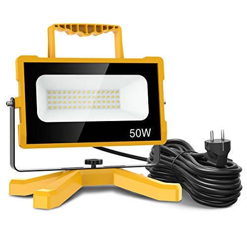 Olafus 50W Foco Trabajo LED 5000LM Súper Brillo, 2 Modos de Brillo Ajustables, Focos LED Exterior IP65 Impermeable, Luz de Trabajo 220V 6000K Blanco Frío, Floodlight LED Soporte Ajustable, Taller, 5M